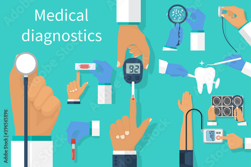 Elements of medical diagnostic research. Medical equipment in hands. Blood test, blood pressure measurement, stethoscope and dental treatment. Sugar measurement and X-ray research. Vector collection