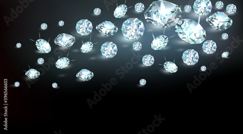 Black background with many scattered gemstones. Vector illustration.