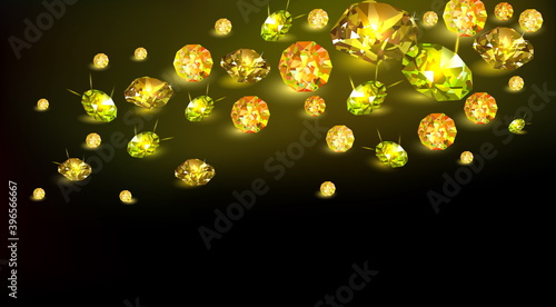 Black background with many scattered yellow  gems beryl. Vector illustration.