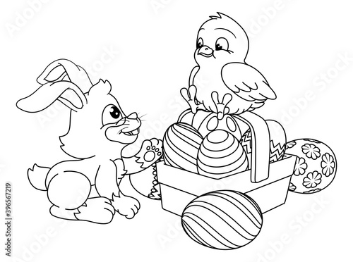 An Easter eggs bunny and chick coloring book cartoon black and white outline scene