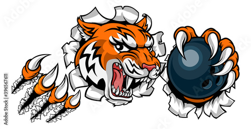 A tiger ten pin bowling player cartoon animal sports mascot holding a ball in its claw