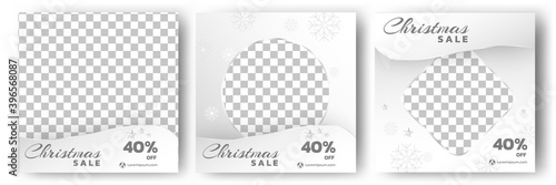 Christmas sale banner template. Editable square banner template with snowflakes and stars decoration. Flat design vector with photo collage. Suitable for social media feed, banner and web internet ads