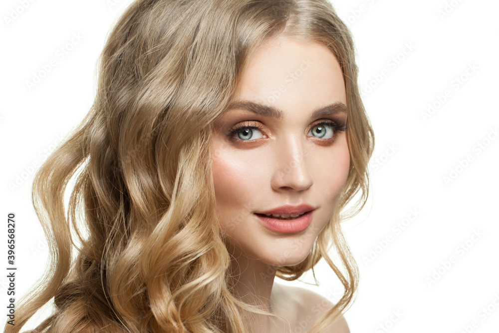 Beautiful woman face on white. Model with blonde hair and natural makeup Beautiful woman face on white. Model with blonde hair and natural makeup