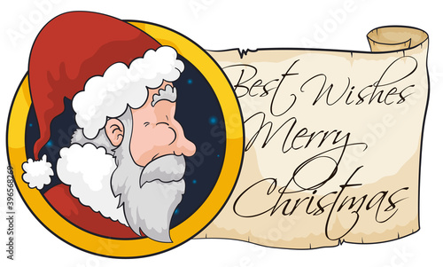 Santa Claus inside a Button with Greeting Scroll for Christmas, Vector Illustration