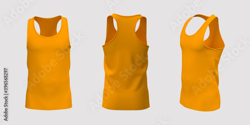 Blank sleeveless t-shirt mockup in front, side and back views, design presentation for print, 3d illustration, 3d rendering