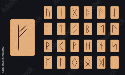 Set of  Scandinavian runes on wooden planks. Stock vector set on dark background