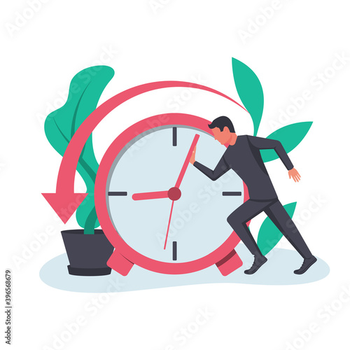 Deadline concept. Stop time concept. Business metaphor. Vector illustration flat design. Isolated on white background. Businessman in suit push back hour hand. Time management. Planning deadline.