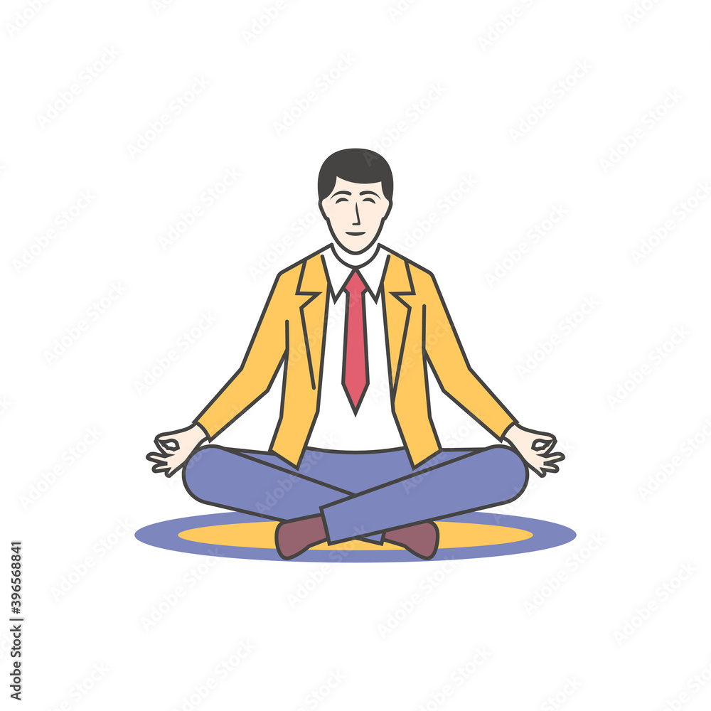 Meditation concept. Businessman sitting in lotus pose. An office worker is meditating on a yoga mat. Vector illustration flat line design. Isolated on white background. Remove stress. Modern people. Meditation concept. Businessman sitting in lotus pose. An office worker is meditating on a yoga mat. Vector illustration flat line design. Isolated on white background. Remove stress. Modern people.