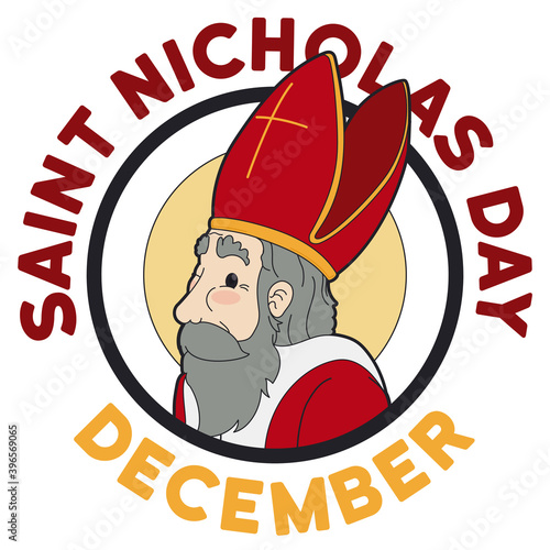 Button with Cute Saint Nicholas Representation Commemorating his Day, Vector Illustration