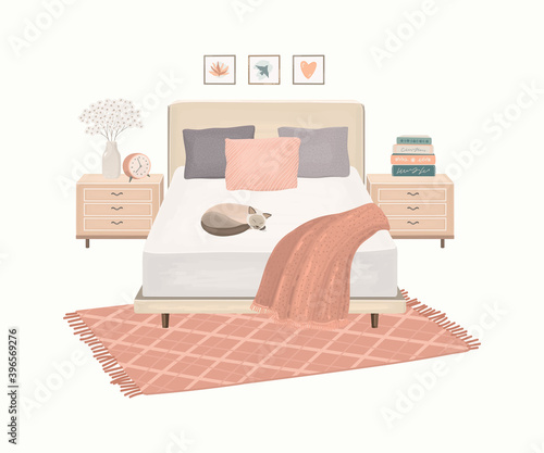 Modern home interior with bed, bedside tables, sleeping cat, rug. Cosy bedroom vector illustration	