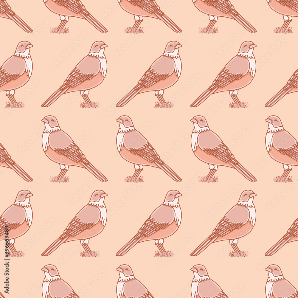 Obraz premium Kawaii songbird vector repeat pattern. Rufous bellied thrush seamless illustration background.