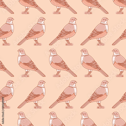 Kawaii songbird vector repeat pattern. Rufous bellied thrush seamless illustration background.