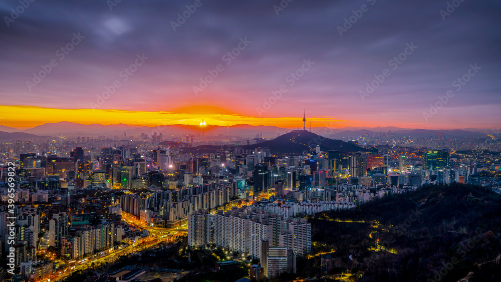 Sunrise and cityscape of Seoul. Aerial view