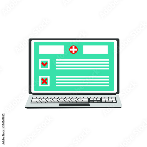 health informationon laptop. check list and results data, flat computer online medicine results of medical tests. Organization website. Health care, medicare card check mark notice online, icon
