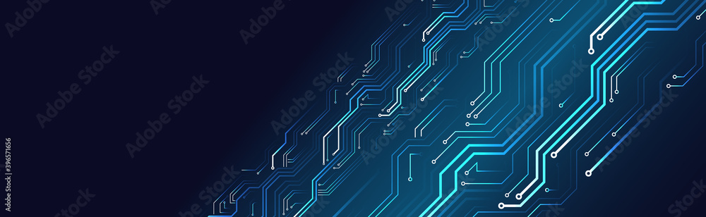 Hi tech circuit board design innovation concept. Abstract futuristic wide communication vector illustration. Sci fi technology on the blue background.