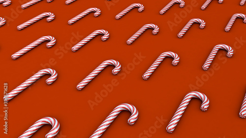 Many candy canes in rows on red background, 3d illustration.