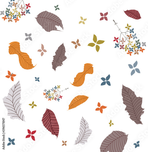 Abstract pattern of autumnal leaves, twigs and flowers