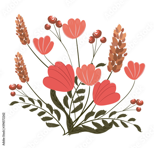 Composition of poppy, pink veronica flowers and twigs with berries
