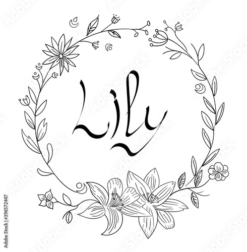 Abstract circle of flowers with life written in the middle