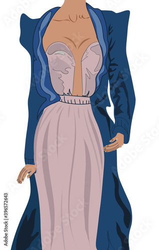 Woman dressed in elegant powder color dress and a dark blue coat