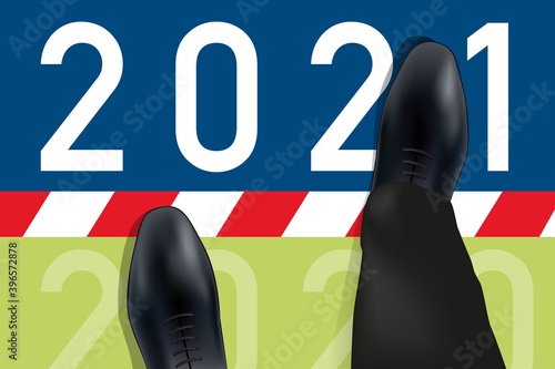 Carte de vœux 2021 montrant les pieds d’un homme vue du dessus qui franchissent une ligne symbolisant le passage à la nouvelle année.