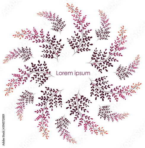 Abstract circle composed of red twigs with leaves. Place for text