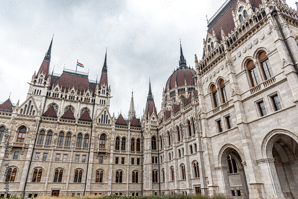 The Hungarian Parliament building on a rainy fall day in Budapest, the capital of Hungary.