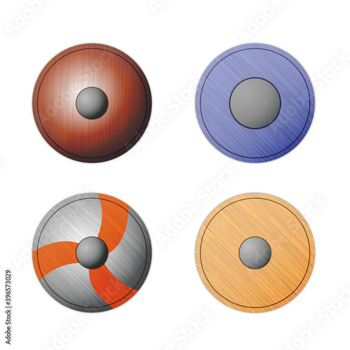 Set of medieval metal and wooden shields. Shields for web and mobile design. Vector illustration isolated on white background.