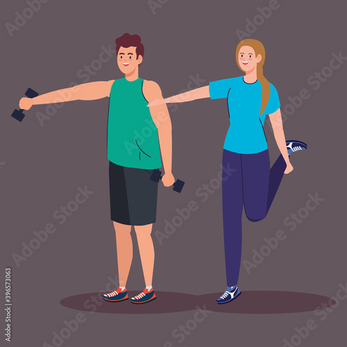 Woman and man couple lifting weight and stretching design, Gym sport and bodybuilding theme Vector illustration