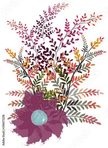 Abstract composition of pink wild flower and multiple twigs