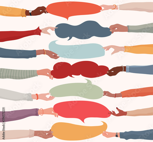 Agreement or affair between a group of colleagues or collaborators.Diversity People who exchange information.Arms and hands holding speech bubble.Concept of sharing and exchange.Community