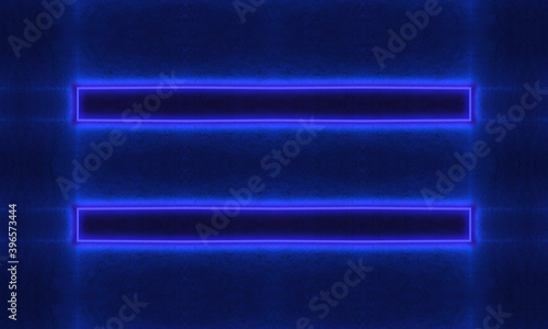 Dark blank background with neon shapes in ultraviolet color. Empty frame for your text. 3d illustration