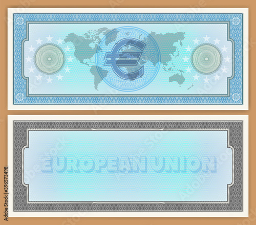 Sample form of a paper check or banknote with a euro sign without denomination. Blue, gray frames. Guilloche patterns. Obverse and reverse of bond. Map of world. EPS10