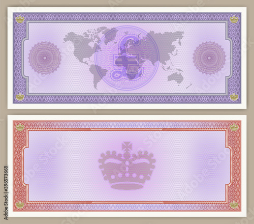 Sample form of a paper check or banknote with a pound sign without denomination. Violet, red frames. Guilloche patterns. Obverse and reverse of bond. Map of world. Crown. EPS10