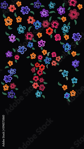 Pattern of multiple bright colored flowers on black background