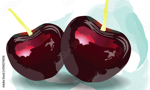 Two realistic drawn cherries. Abstract blue pastel paint strokes