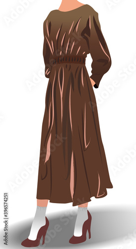 Female model dressed in brown dress, high heels and white socks posing