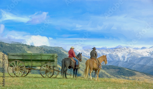 Oil painting of cowboys, mountain background