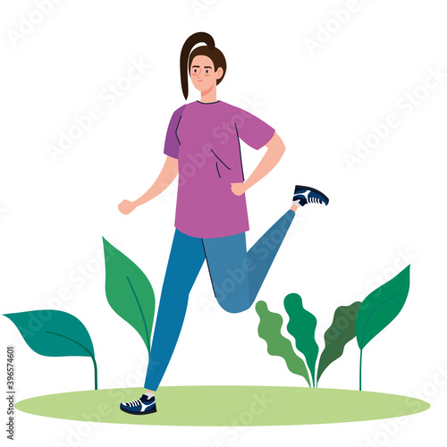 woman running with leaves design, Marathon athlete training and fitness theme Vector illustration