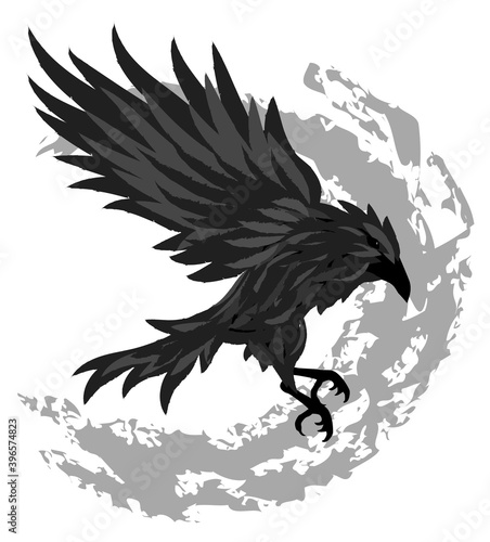 Flying black raven with gray brush strokes in background