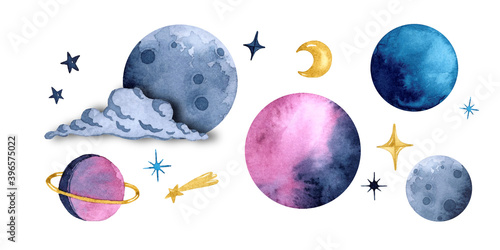 Watercolor space  elements set isolated