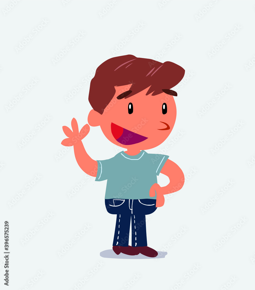 cartoon character of little boy on jeans waving happily