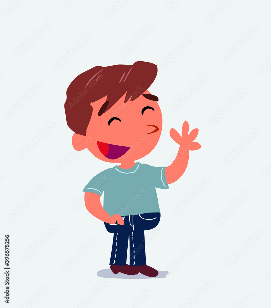 cartoon character of little boy on jeans waving informally while smiling