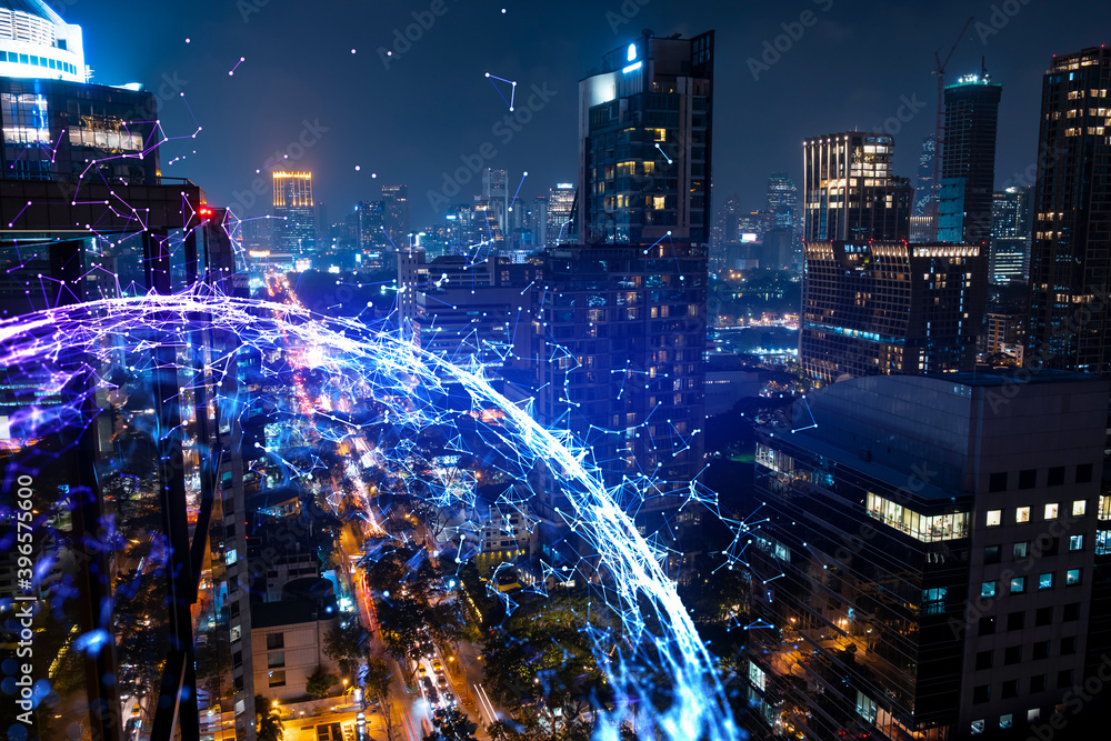 Abstract technology icons, night aerial panoramic cityscape of Bangkok, Asia. The concept of innovative approach to optimize international business process. Double exposure. Abstract technology icons, night aerial panoramic cityscape of Bangkok, Asia. The concept of innovative approach to optimize international business process. Double exposure.