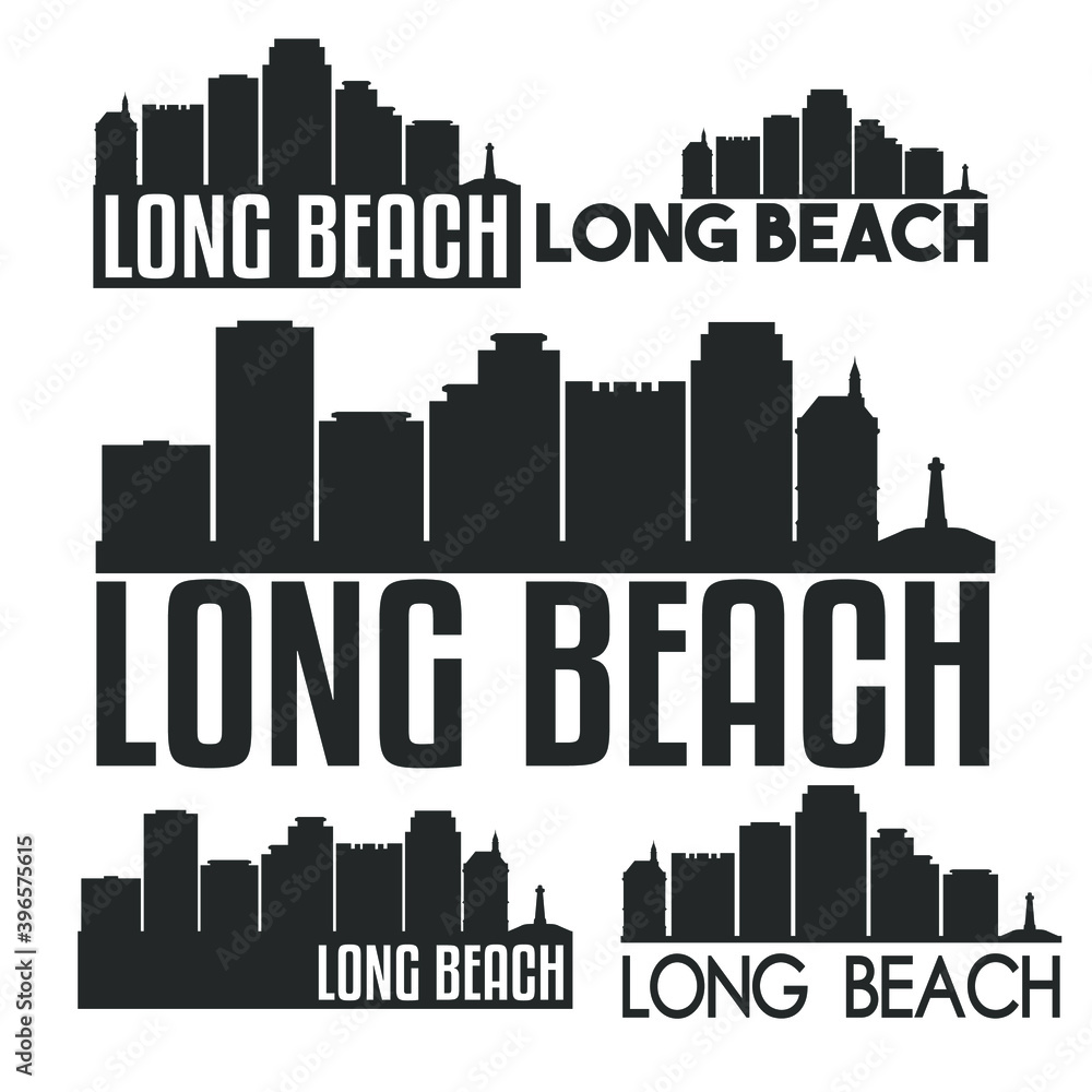 Long Beach California Flat Icon Skyline Vector Silhouette Design Set Logos.