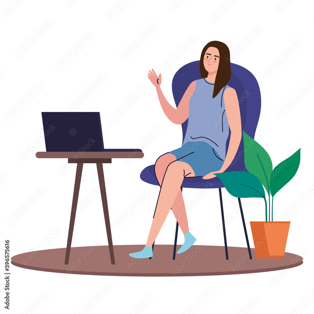 woman with laptop at desk working design of telecommuting and activity theme Vector illustration
