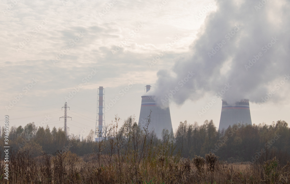 Thermal power plant in Kaliningrad in the distance producing steam