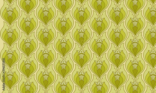 Green vintage wallpaper with abstract flowers pattern