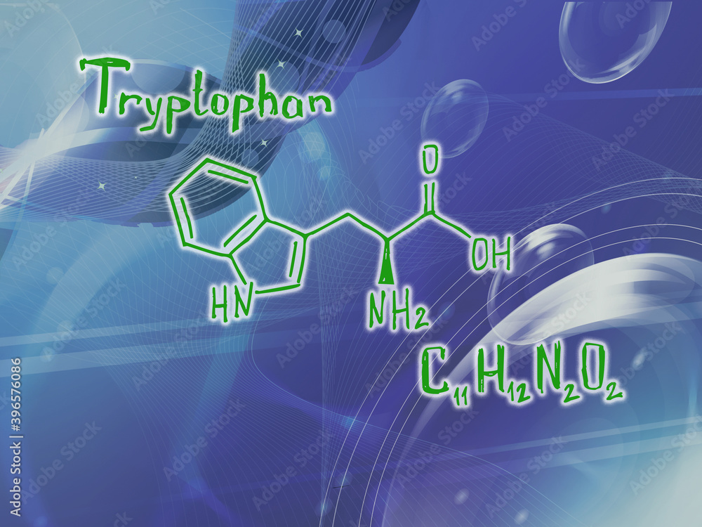Chemical molecular formula of the amino acid tryptophan Z . Infographics. Abstract bright glitter blue background.