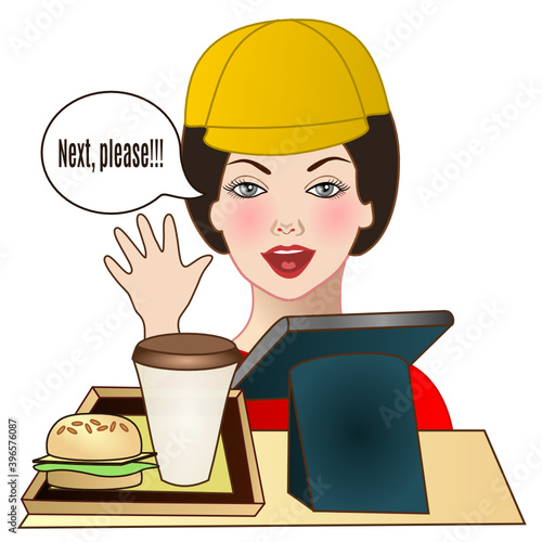 the seller girl in the diner sold a hamburger and a drink and waves his hand, showing that the cash desk is free, color clip art on a white isolated background